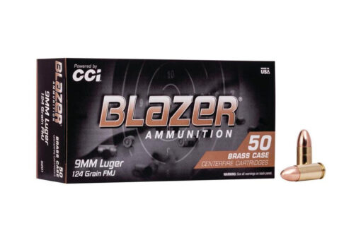 CCI 5201 Blazer Brass 9mm Luger 124 gr FMJ Ammo - 50 rounds - Black Rifle Depot