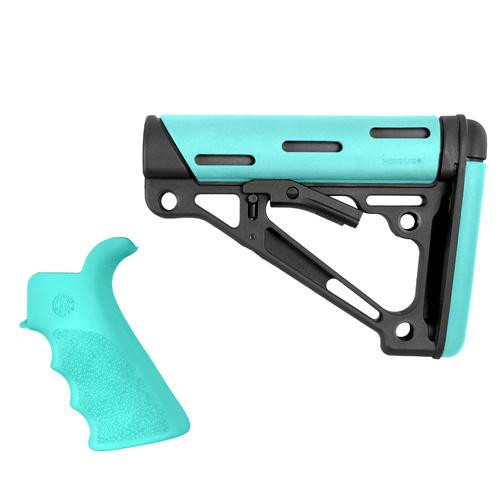 Hogue-OverMolded-Beavertail-Grip-COMMERCIAL-Spec-Stock-Hogue-AR-15-M16-Kit-OverMolded-Beavertail-Grip-Collapsible-Buttstock-Fits-Commercial-Buffer-Tube-Aqua Hogue AR-15 / M16 Kit: OverMolded Beavertail Grip & Collapsible Buttstock (Fits Commercial Buffer Tube) - Aqua