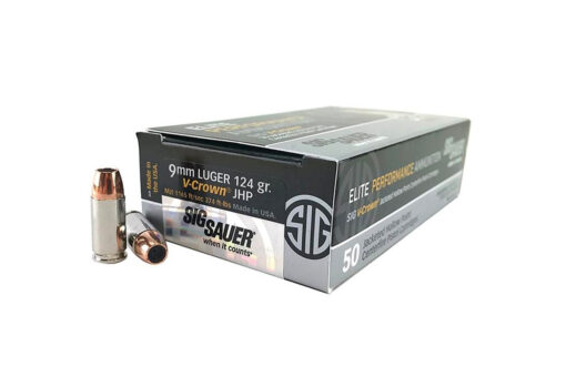 Sig Sauer E9MMA2-50 Elite V-Crown 9mm 124-Grain JHP Ammo Handgun Ammo - 50 Rounds - Black Rifle Depot