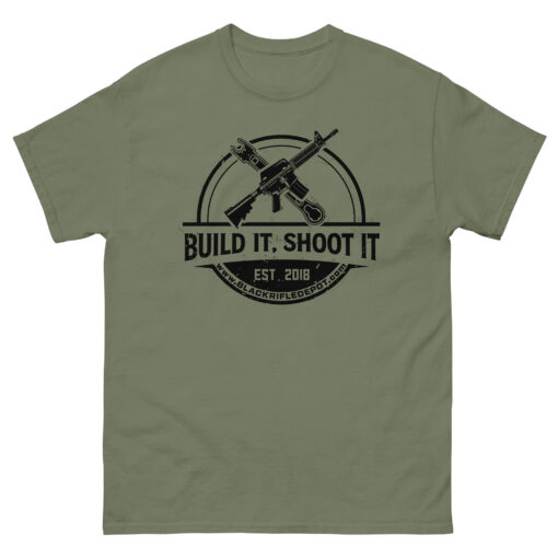 Build It, Shoot It Short Sleeve T-Shirt - Black Logo - Military Green, M - Black Rifle Depot