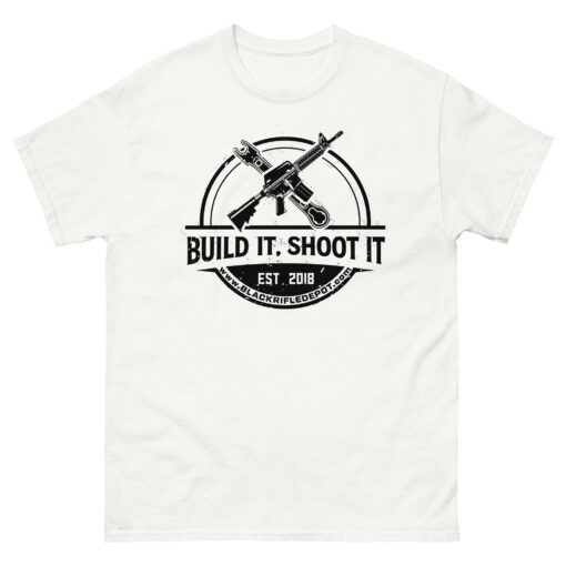 Build It, Shoot It Short Sleeve T-Shirt - Black Logo - White, M - Black Rifle Depot