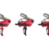 Rise Armament REV 535 Slide-and-Snap trigger showing black/black, black/red, and silver/red variants with interchangeable flat and curved blades