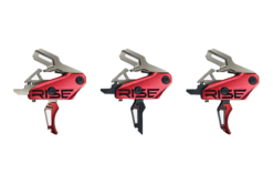 Rise Armament REV 535 Slide-and-Snap trigger showing black/black, black/red, and silver/red variants with interchangeable flat and curved blades