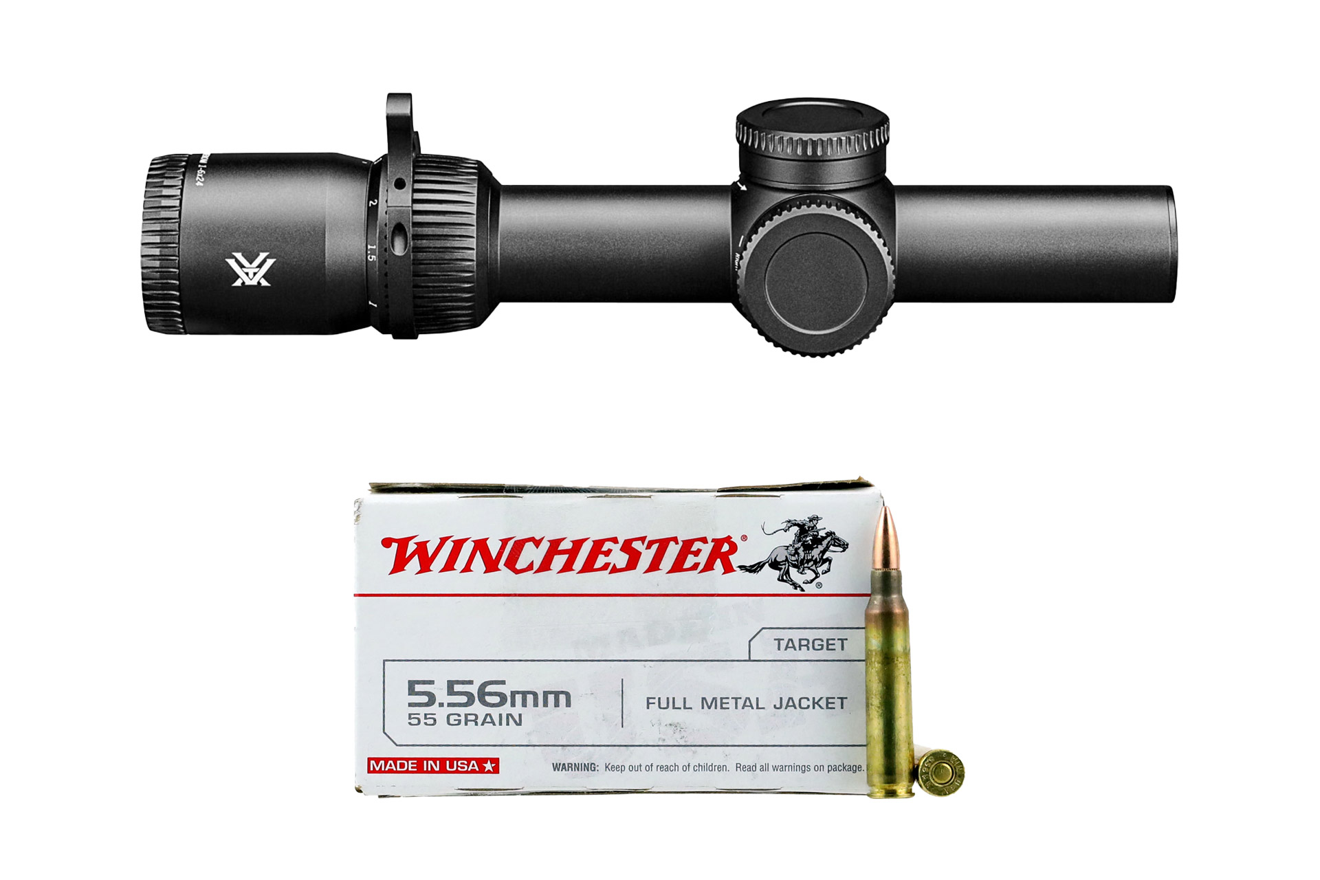 BUNDLE-W556VVRS Winchester 5.56 NATO 1000 round ammo case bundled with Vortex Venom 1-6x24 LPVO rifle scope