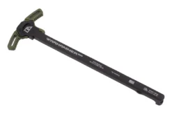 Breek Arms Warhammer MOD2 ambi charging handle for AR-10 rifles with standard latch and gas-reducing design with green latch