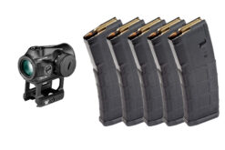 Vortex Triumph 2 MOA red dot sight bundled with five black Magpul PMAG MOE 30-round AR-15 magazines